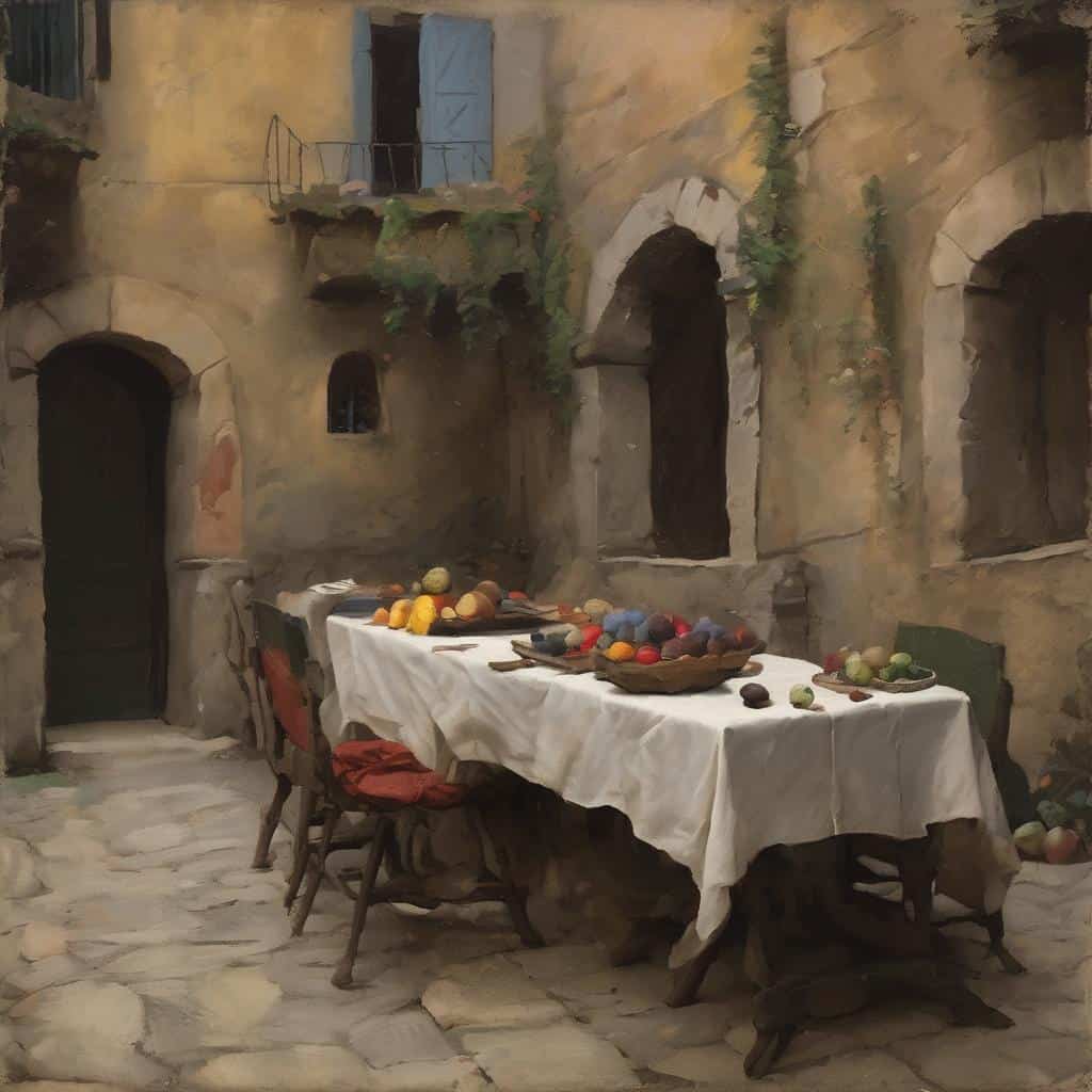 Παλιότερη αυγουστιάτικη αυλή με σκίτσο και σύγχρονη τέχνη.