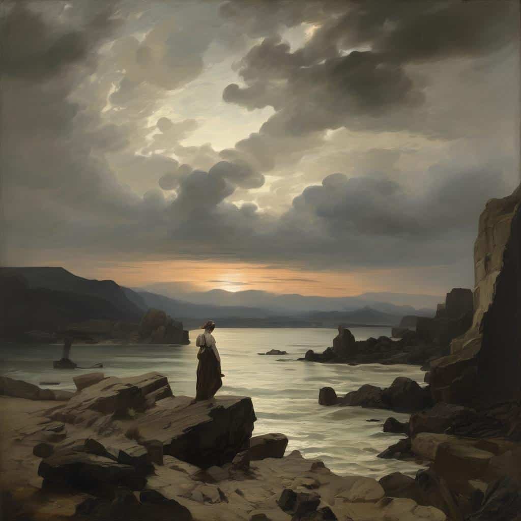 Άλτεξ: Νέα σύγχρονη τέχνη και δημιουργικότητα, ρομαντικό τοπίο με γυναίκα στη θάλασσα και δραματικό ουρανό, ιδανική για αναζητήσεις έμπνευσης.