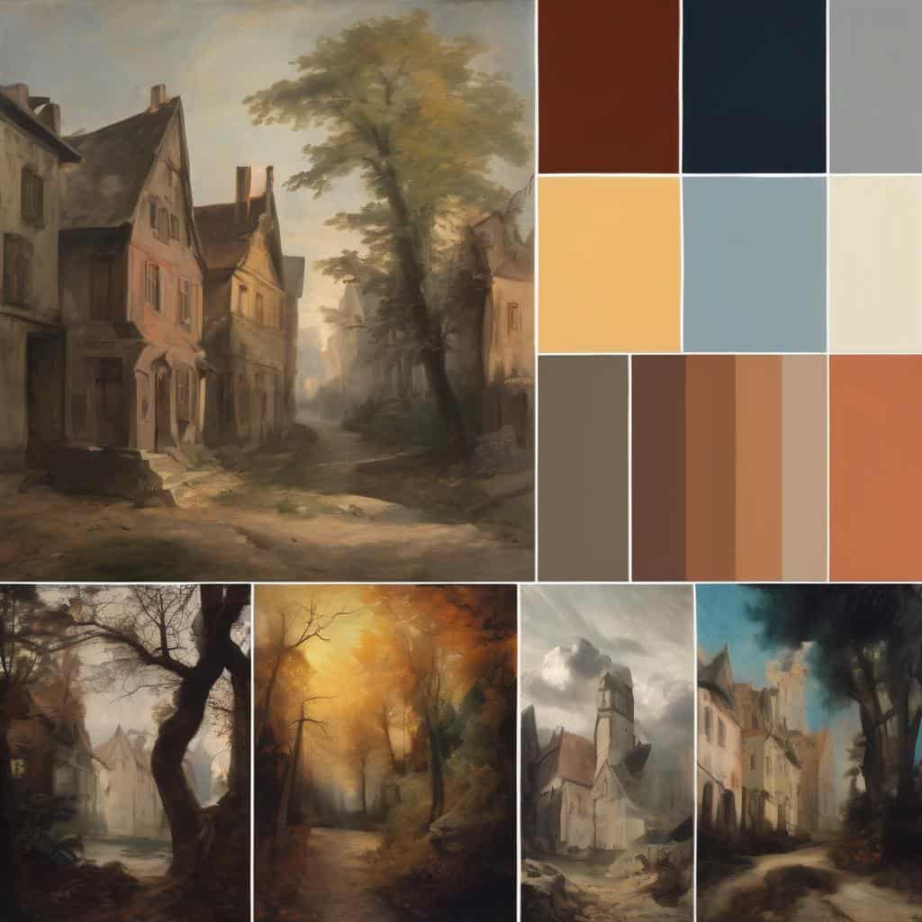 σύγχρονη τέχνη και δημιουργικότητα, εικαστικές απεικονίσεις πόλεων και φύσης, παλέτες χρωμάτων, ρομαντικές και μοντέρνες συνθέσεις.